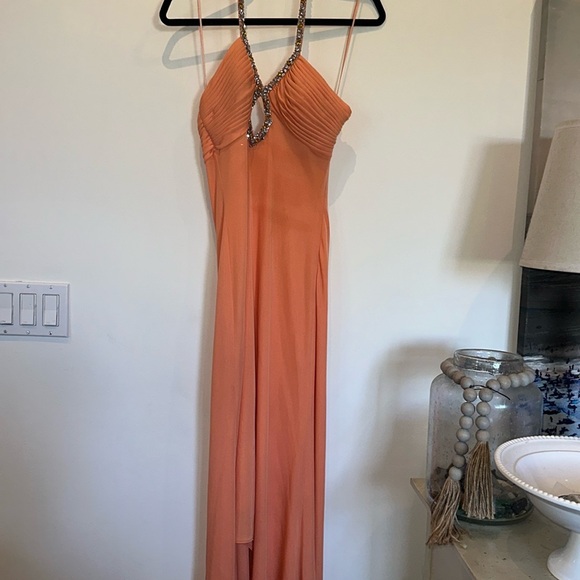 La Femme Dresses & Skirts - Vintage cross front La Femme Coral rhinestone Dress hi-lo Riviera